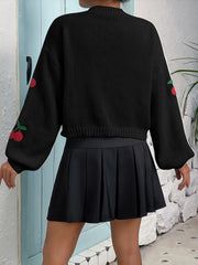 Y2K Cherry Embroidered Knit Cardigan Open Front Long Sleeve Sweater