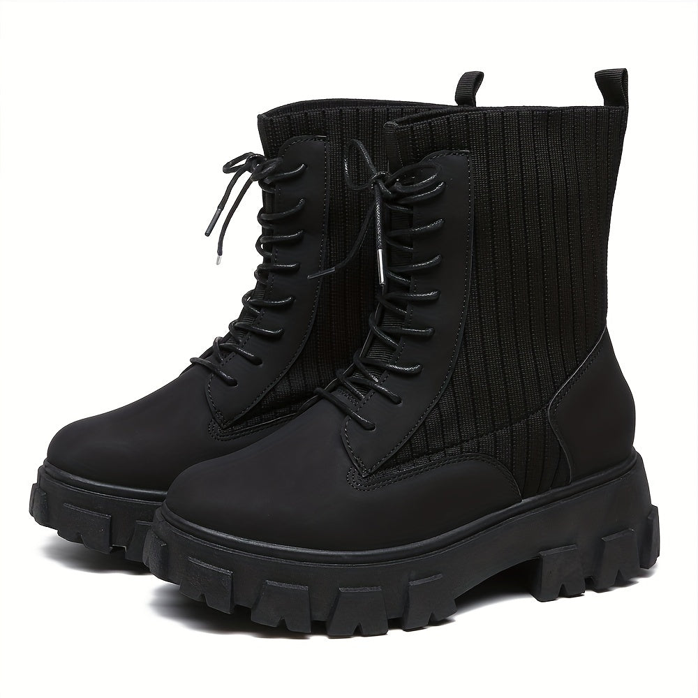 Women's Lace Up Combat Boots Solid Round Toe Platform Slim Elastic Shoes