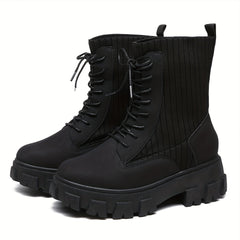 Women's Lace Up Combat Boots Solid Round Toe Platform Slim Elastic Shoes