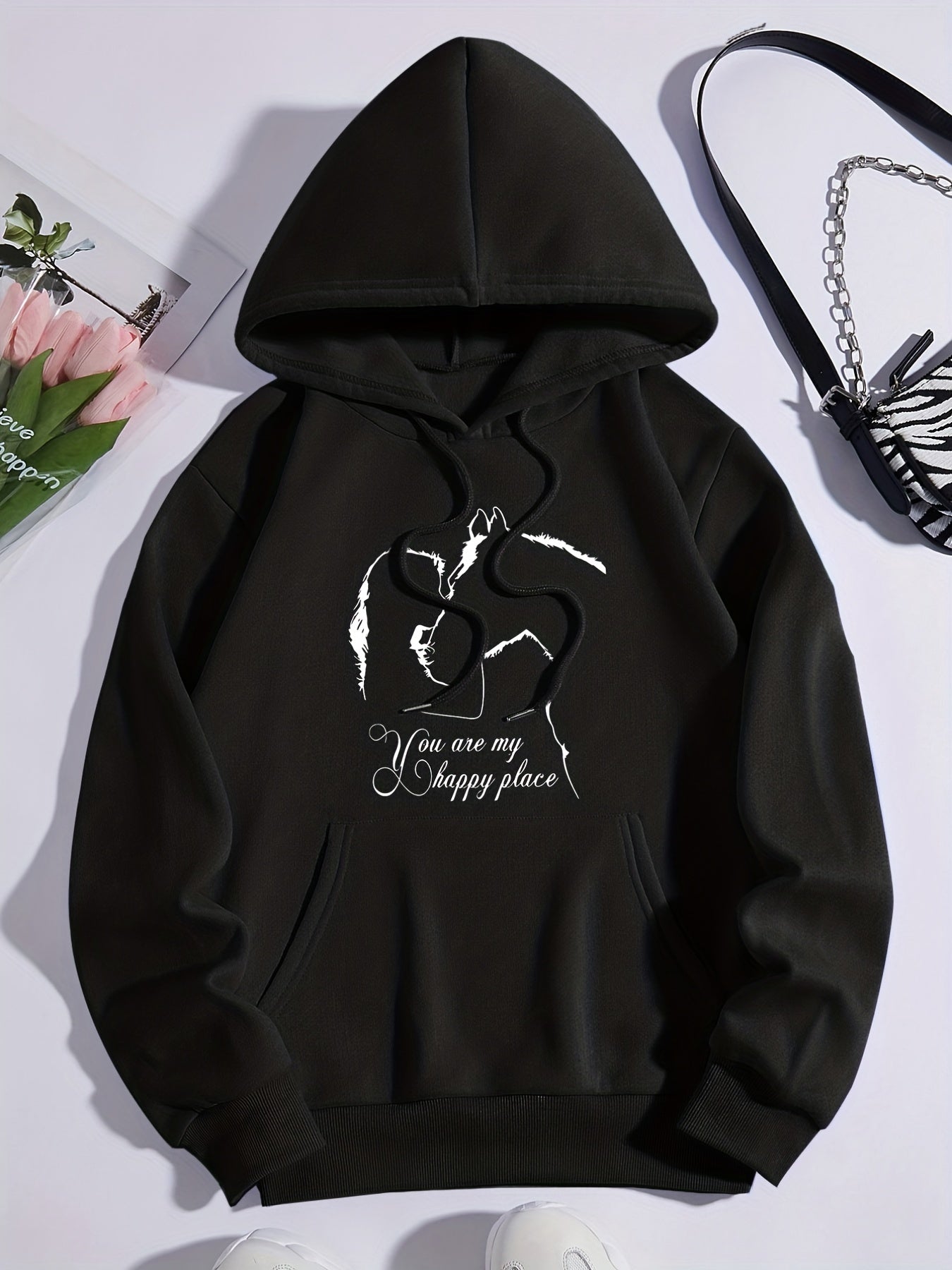 Girl & Horse Print Kangaroo Pocket Hoodie Long Sleeve Drawstring Hoodies