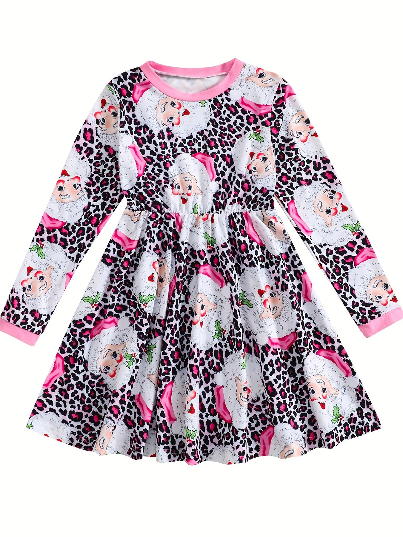 Pink Leopard Santa Dress For Girls Crew Neck Comfortable Fall Winter