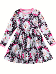Pink Leopard Santa Dress For Girls Crew Neck Comfortable Fall Winter