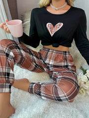 Heart Print Lounge Set Long Sleeve Top & Plaid Pants Women's Loungewear