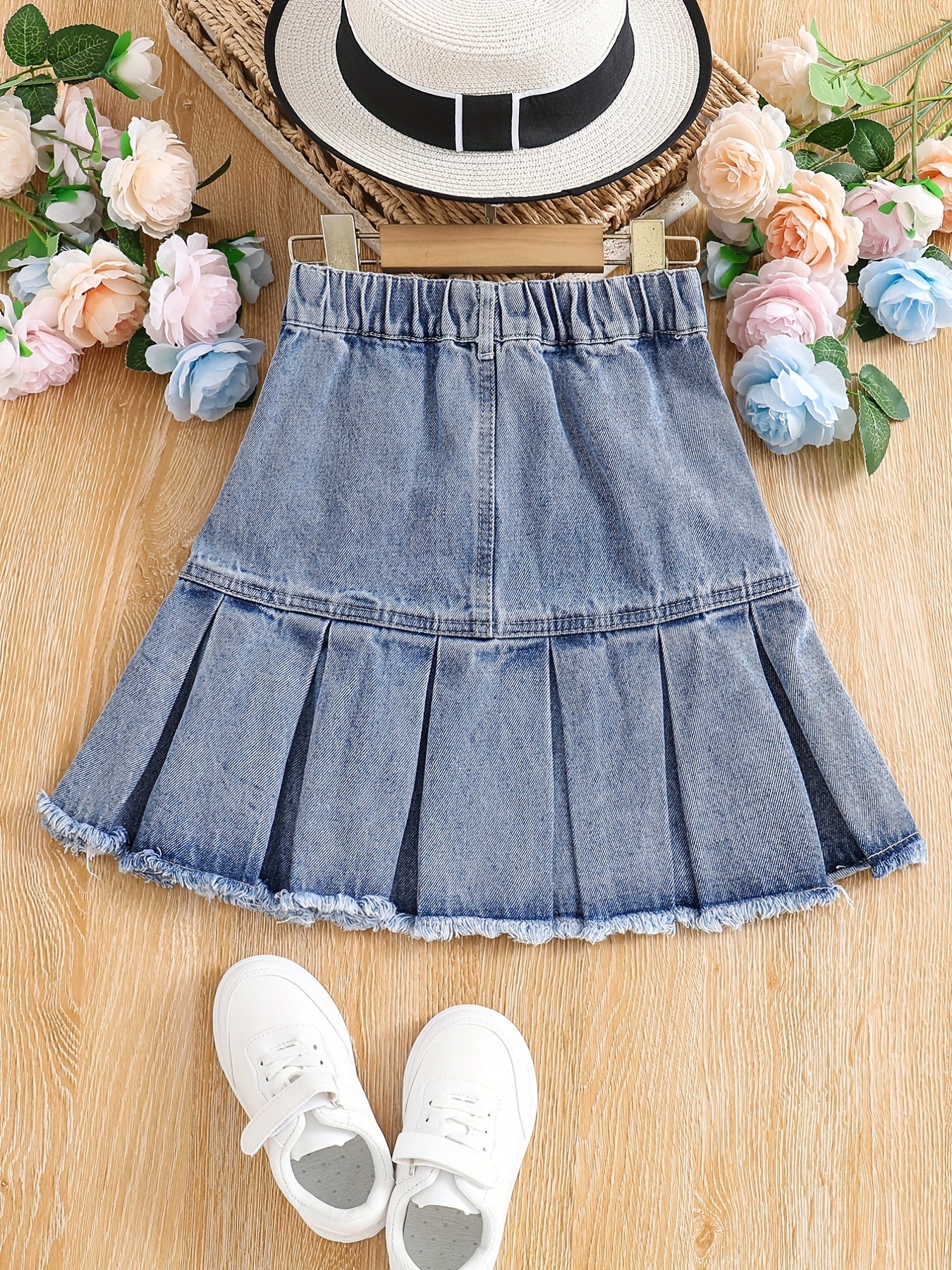 Girls Casual Ripped Denim Skirt Pleated Elastic Waist Kids Mini Skirt