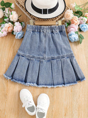 Girls Casual Ripped Denim Skirt Pleated Elastic Waist Kids Mini Skirt