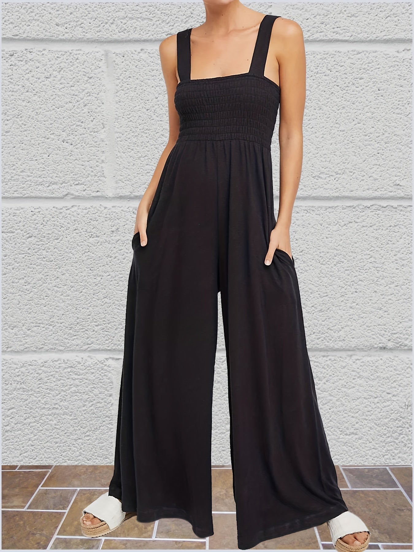 Solid Wide Leg Jumpsuit with Suspender | Women's Clothing