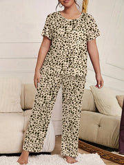 Leopard Print Pajama Set Short Sleeve Tee & Pants Lounge Set