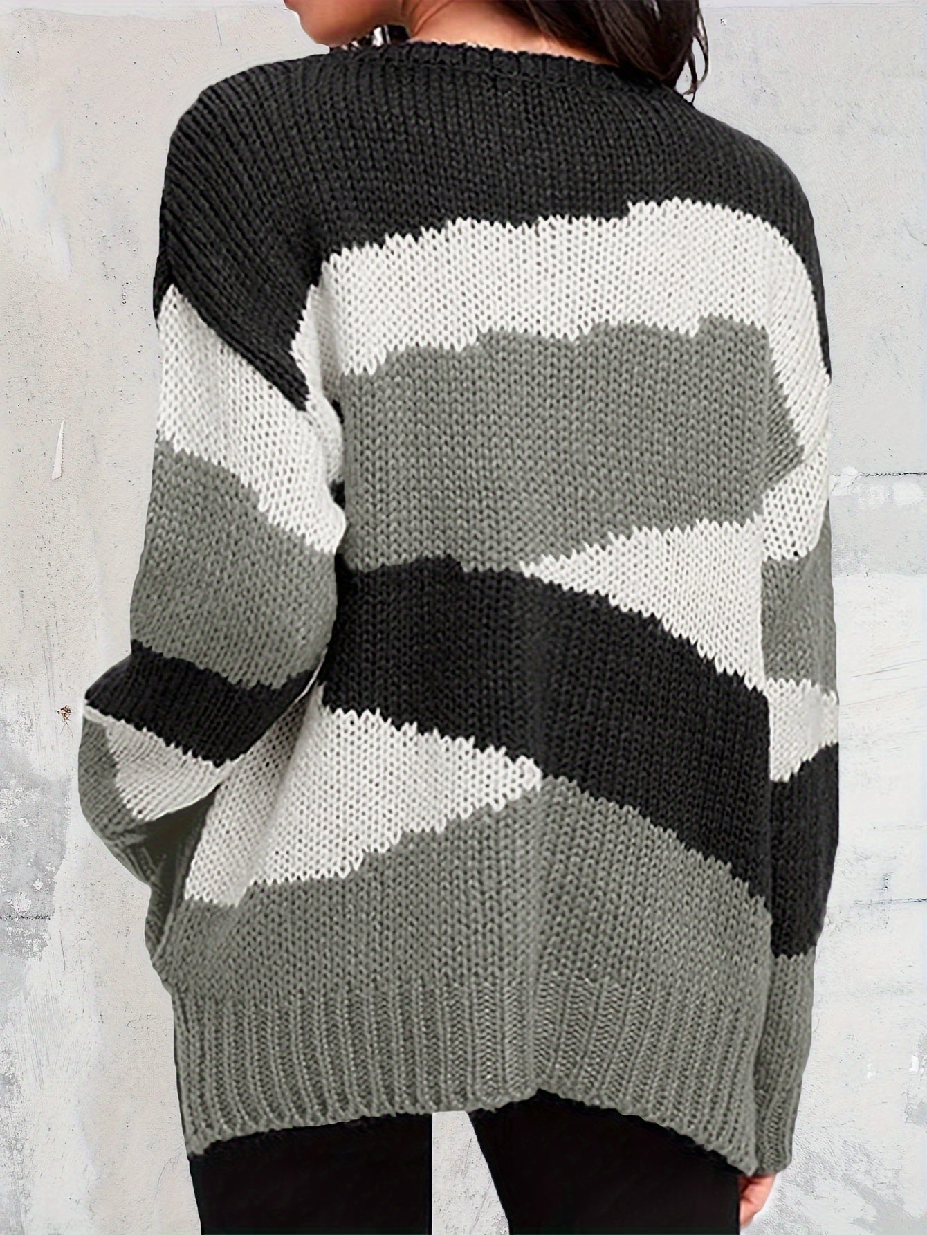 Casual Colorblock Plus Size Sweater Round Neck Jumper