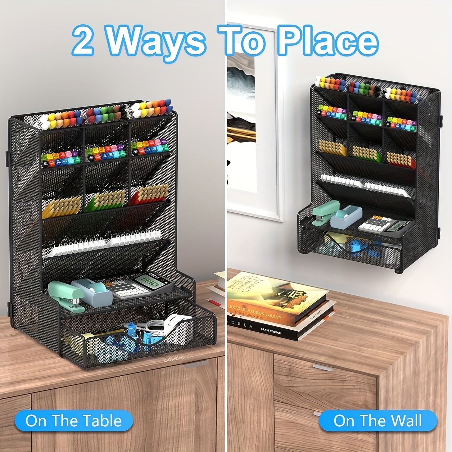 Desk Pen Organizer with Drawer Wall Mount Holder