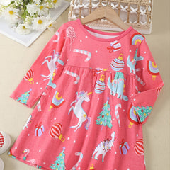 Girls Unicorn Christmas Tree Print Cotton Dress