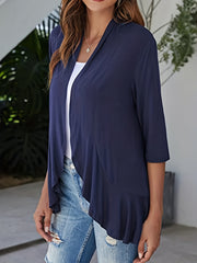 Solid Three Quarter Sleeve Ruffle Open Front Cardigan