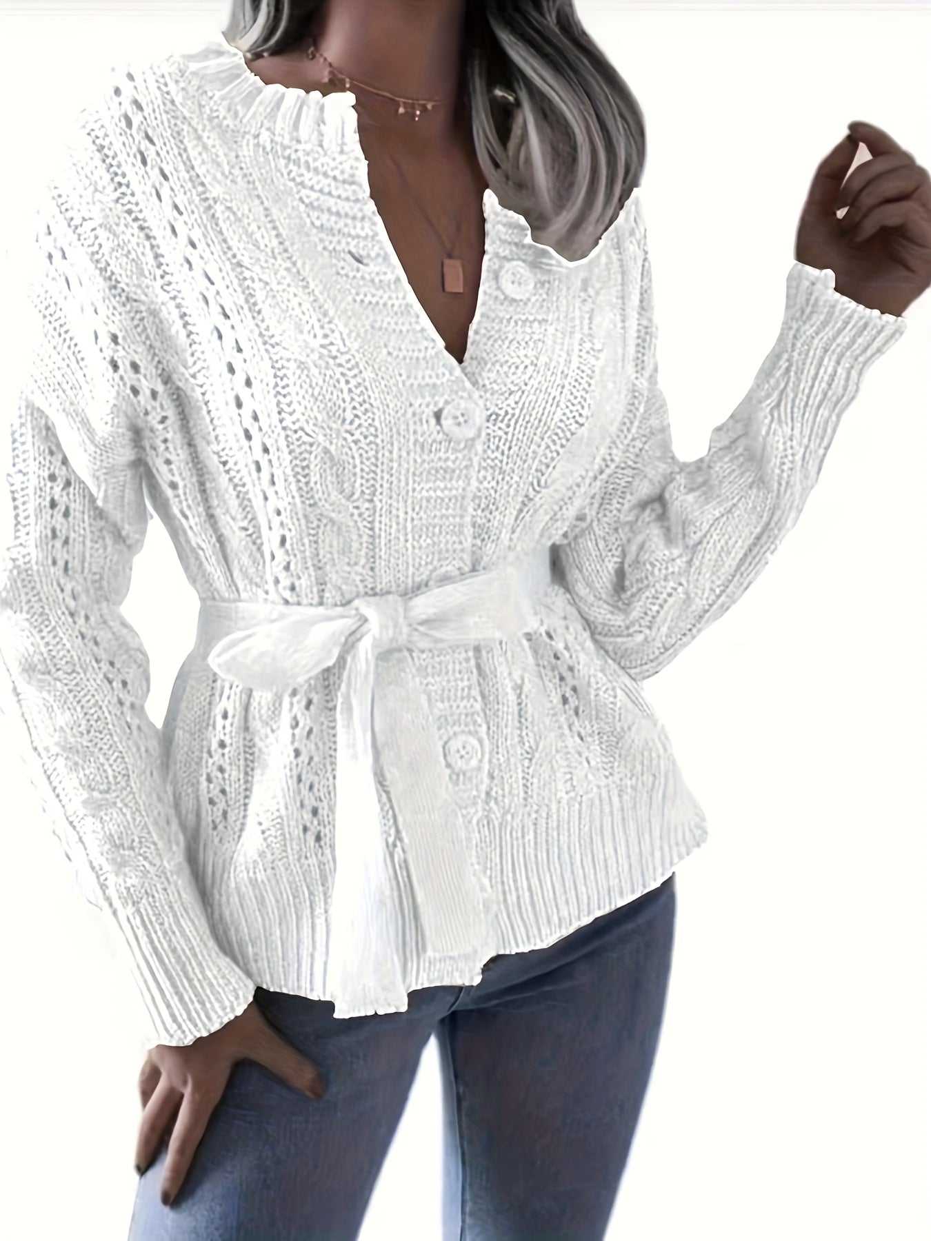 Solid Cable Long Sleeve Button Up Cardigan With Belt