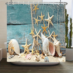 3pcs Starfish Shower Curtain & Bath Mat Set with Shell Ocean Beach Print