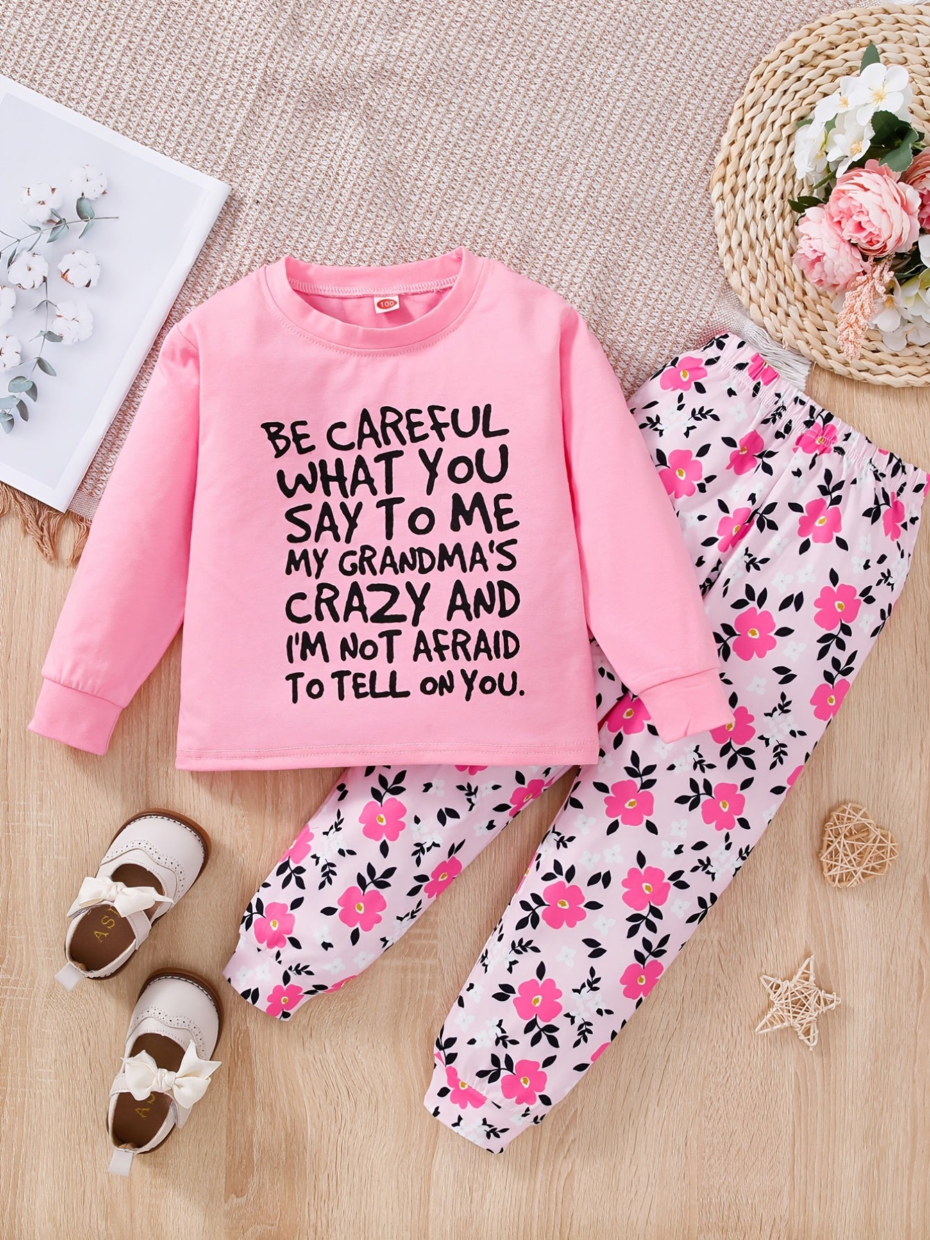 2pcs Girls Long Sleeve T Shirt BE CAREFUL WHAT Print Round Neck Tops