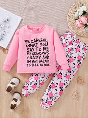 2pcs Girls Long Sleeve T Shirt BE CAREFUL WHAT Print Round Neck Tops
