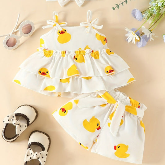 3pcs Baby Girls Duck Pattern Camisole Top & Shorts Set