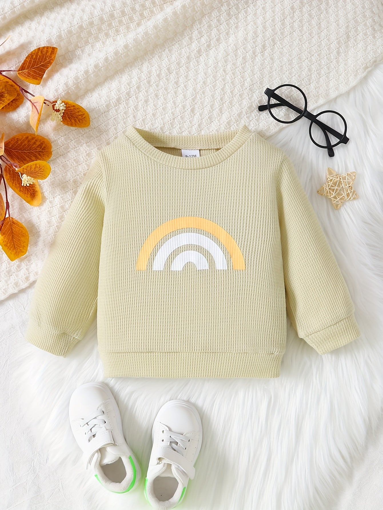 Unisex Rainbow Waffle Long Sleeve Pullover Top Crew Neck Blouse