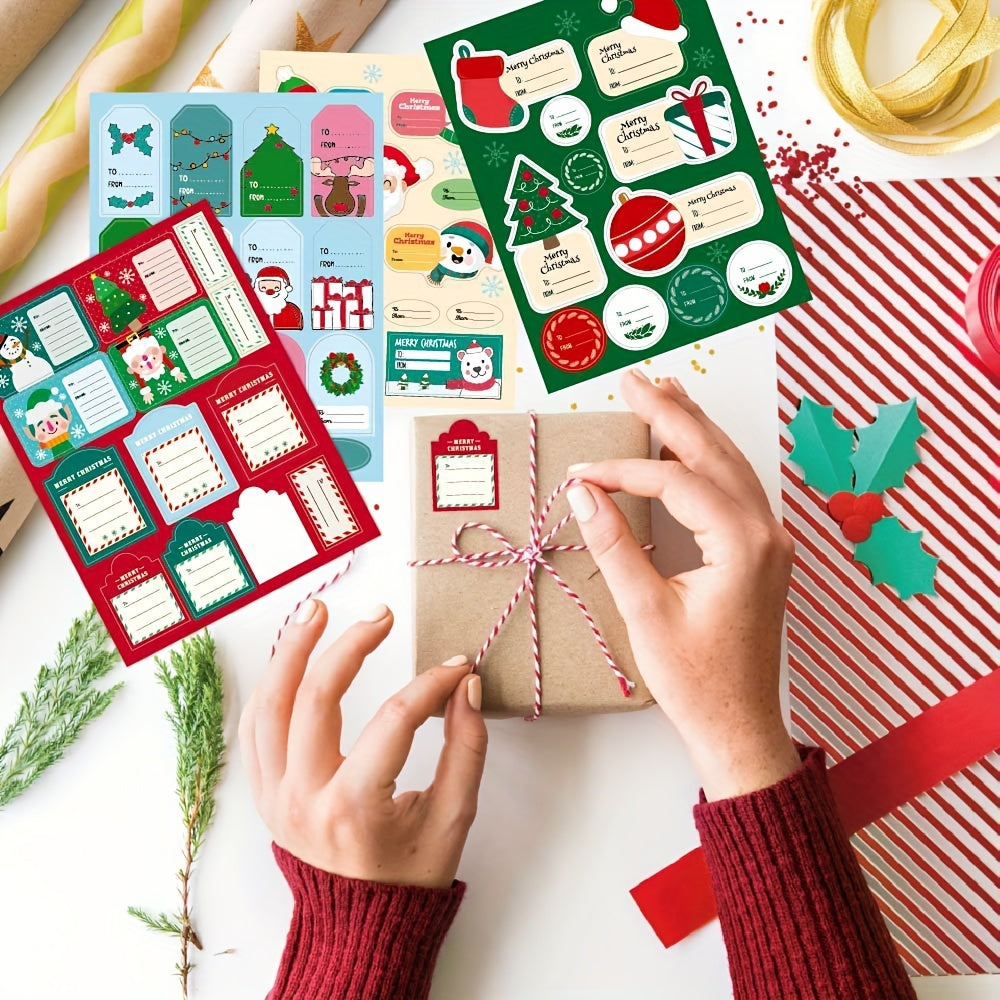 50 Christmas Gift Tags Stickers - 4 Sheets To/From Labels, Box Seal