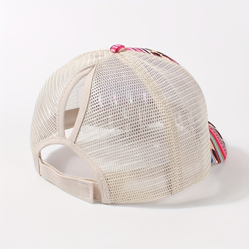 Boho Print Ponytail Trucker Hat Mesh Pink Baseball Cap