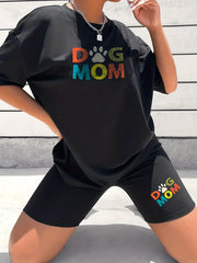 2pcs Dog Mom Letter Print Casual Sports Suits Loose Short Sleeve T shirts & Shor