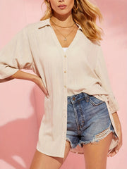 Solid Button Up Half Sleeve Blouse