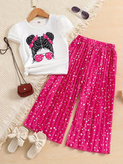 Girls Cartoon Portrait Print T-shirt & Polka Dot Pants Set for Summer
