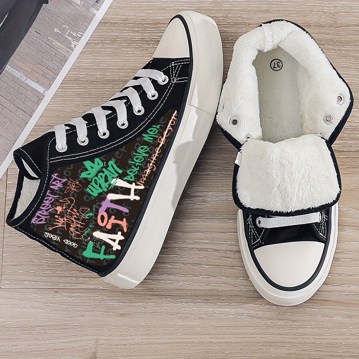 Faith Graffiti Print Plush Lined Chunky Canvas Sneakers