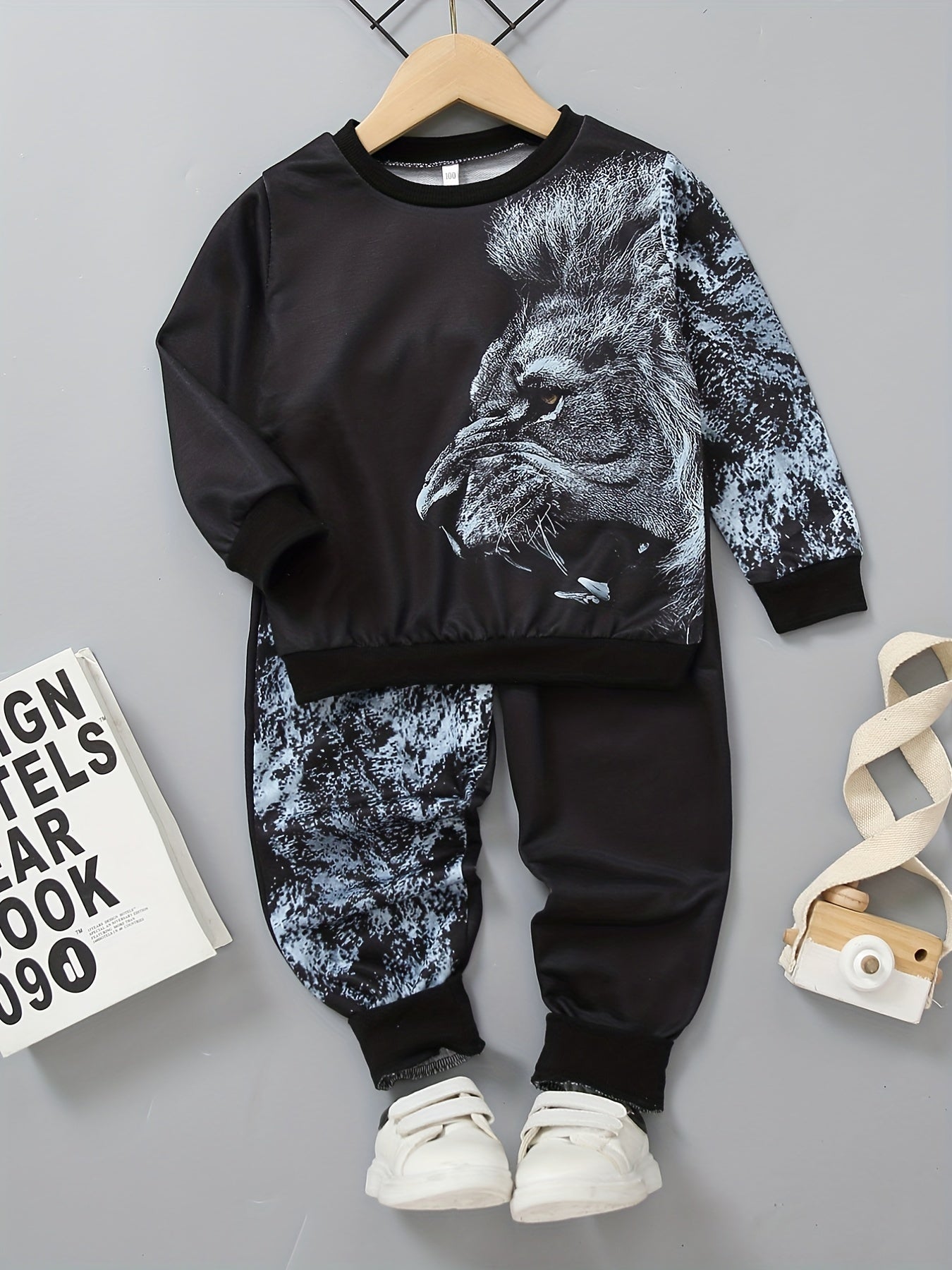 Boys 2pcs Lion Print Sweatshirt & Sweatpants Set for Spring Fall