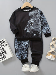 Boys 2pcs Lion Print Sweatshirt & Sweatpants Set for Spring Fall