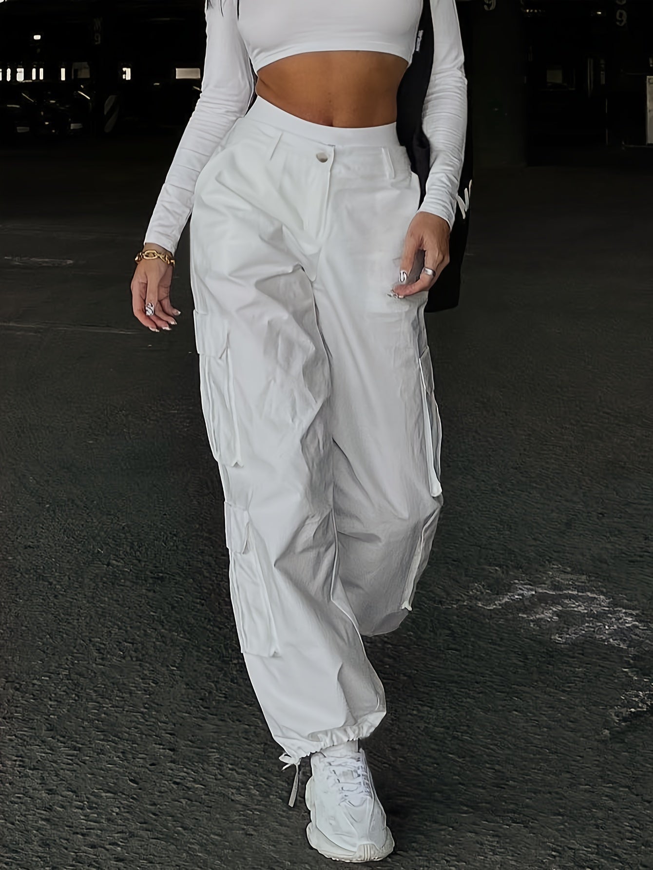 Solid Color Loose Cargo Pants with Elastic Waist