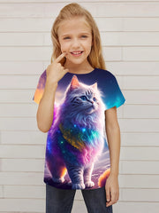 Aurora Cat Graphic Short Sleeve T shirt for Girls, Summer Sports Pullover