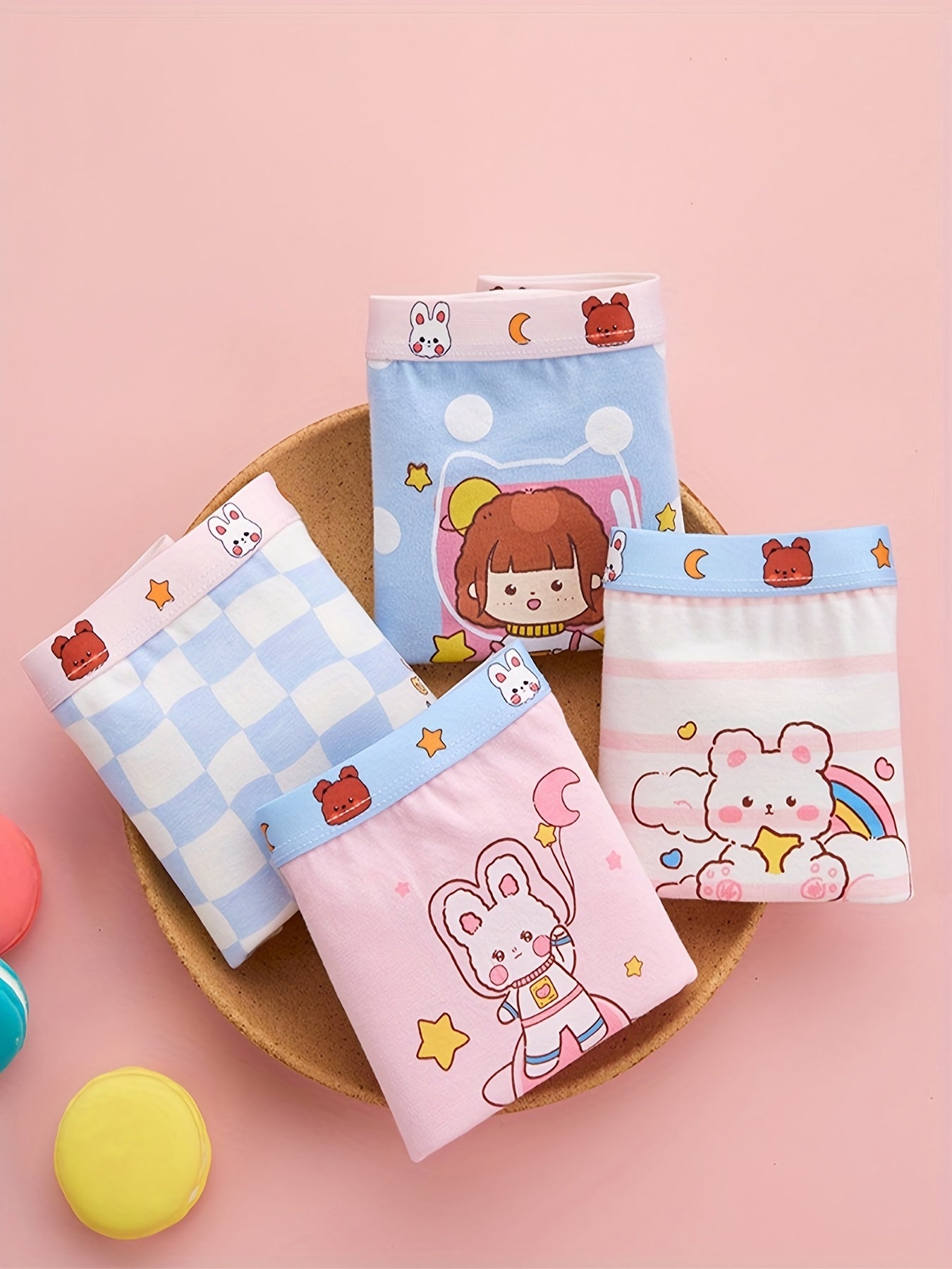 4pcs Girl's Boxer Briefs Cartoon Print Elastic Waist Underwear 95% Cotton