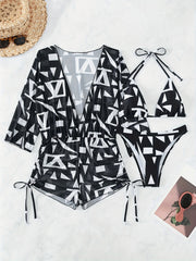 Geometric Print Bikini Sets Halter V-Neck High Cut Drawstring Cover Up Swimsuit