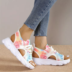 Women's Tie Dye Knit Sports Sandals Lace Up Peep Toe Slingback Shoes