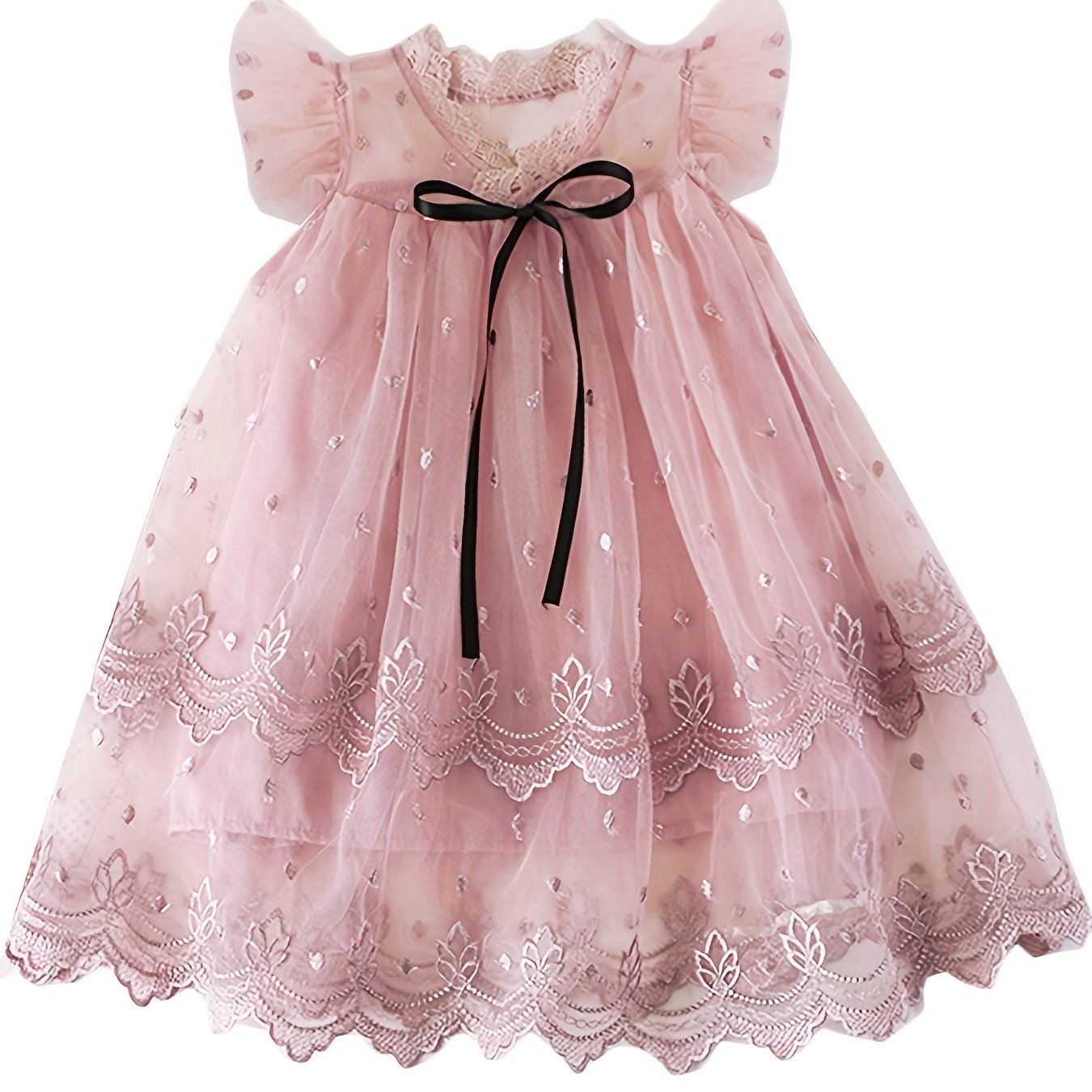 Girls Polka Dot & Flowers Embroidery Ruffled Sleeves Dress