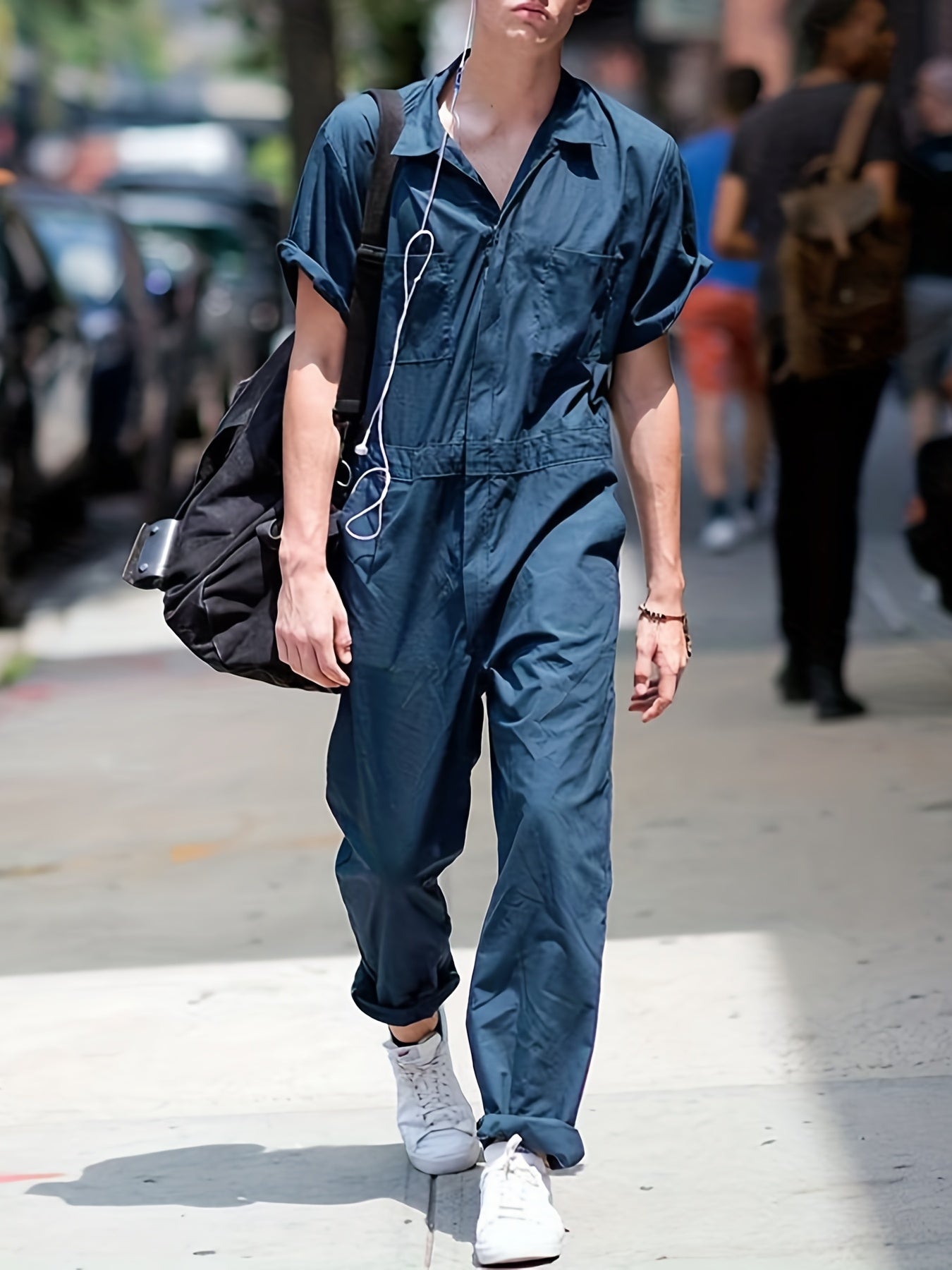 Men's Zipper Overalls Jumpsuit Casual Short Sleeved Work Clothes