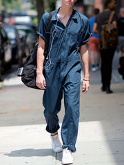Men's Zipper Overalls Jumpsuit Casual Short Sleeved Work Clothes