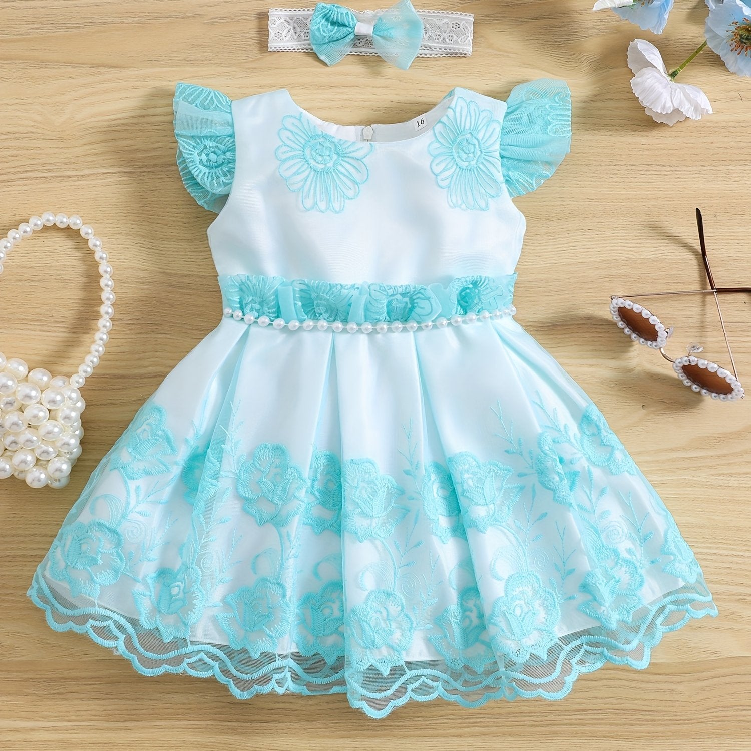 2pcs Baby Girls Embroidered Flowers Ruffled Sleeves Mesh Dress Princess Dresses