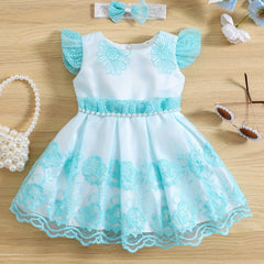 2pcs Baby Girls Embroidered Flowers Ruffled Sleeves Mesh Dress Princess Dresses