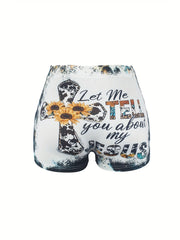 Letter & Flower Cross Print Skinny Shorts