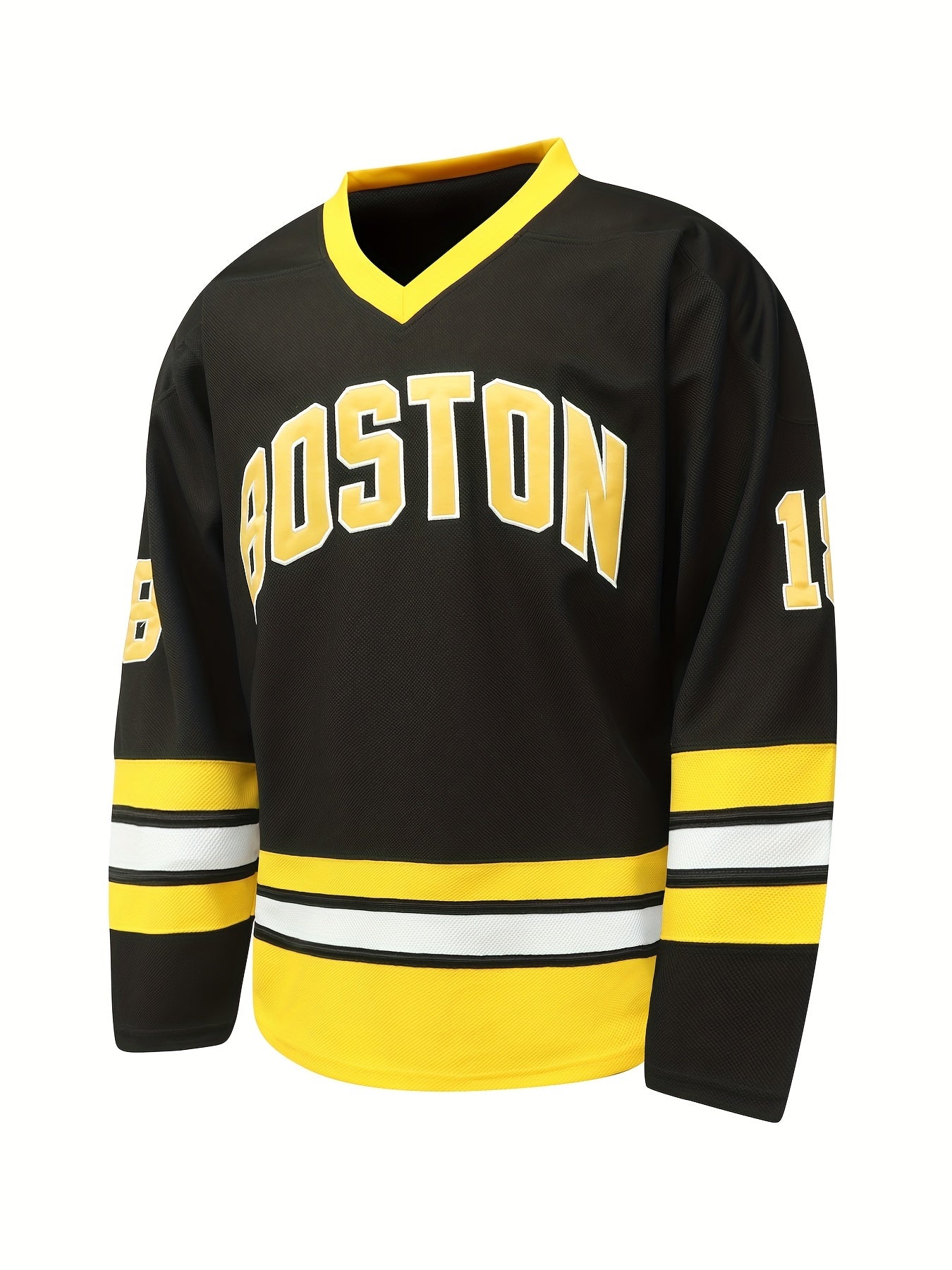 Men's Boston Ice Hockey Jersey Vintage Stripe V Neck Long Sleeve