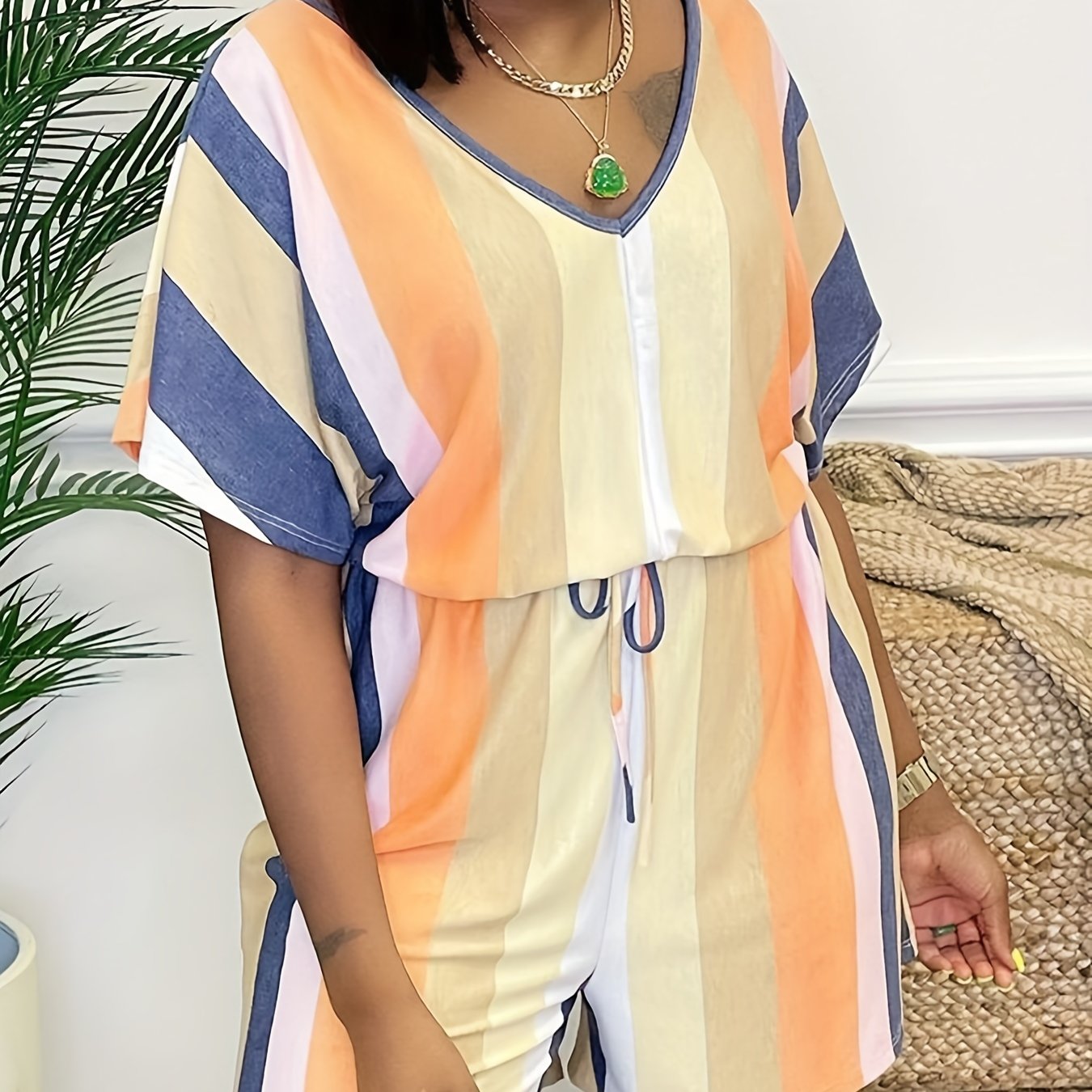 Colorblock Stripe Print Romper Short Sleeve V Neck Drawstring