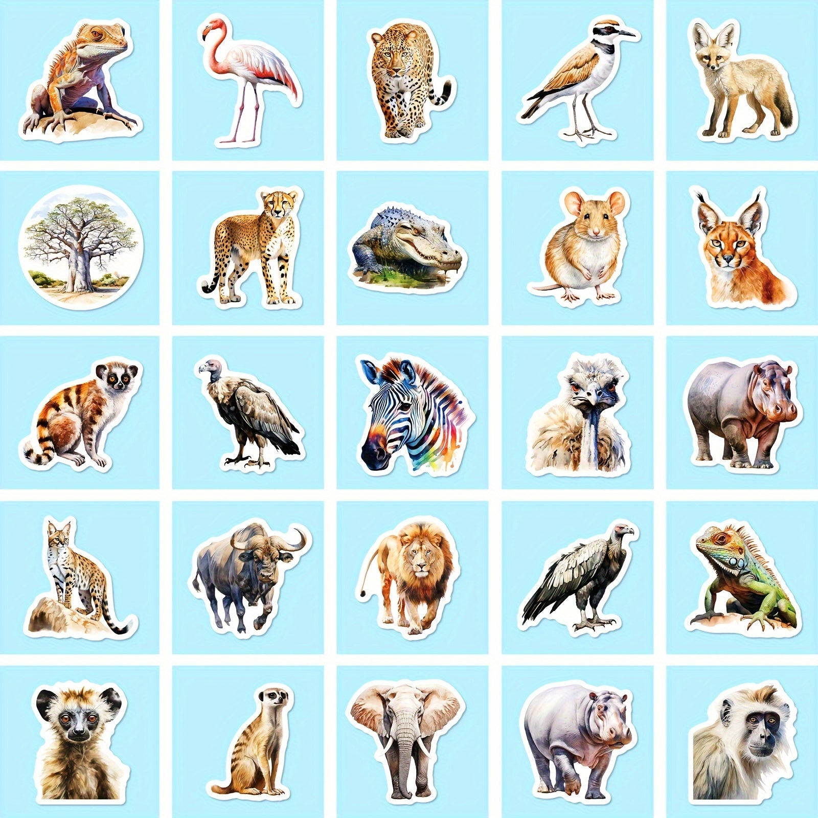 100pcs African Animal Stickers Watercolor Decals for Bottles Laptops Phones