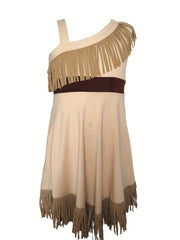 Girls Cotton Tassel Princess Dress Off Shoulder Dress