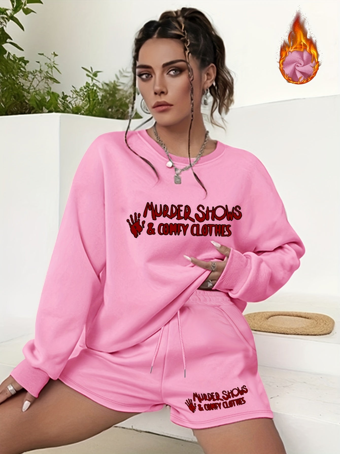2PC Set Women's Plus Letter Print Sweatshirt & Shorts