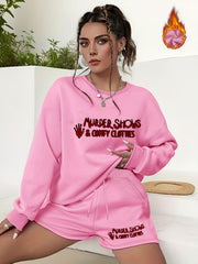 2PC Set Women's Plus Letter Print Sweatshirt & Shorts