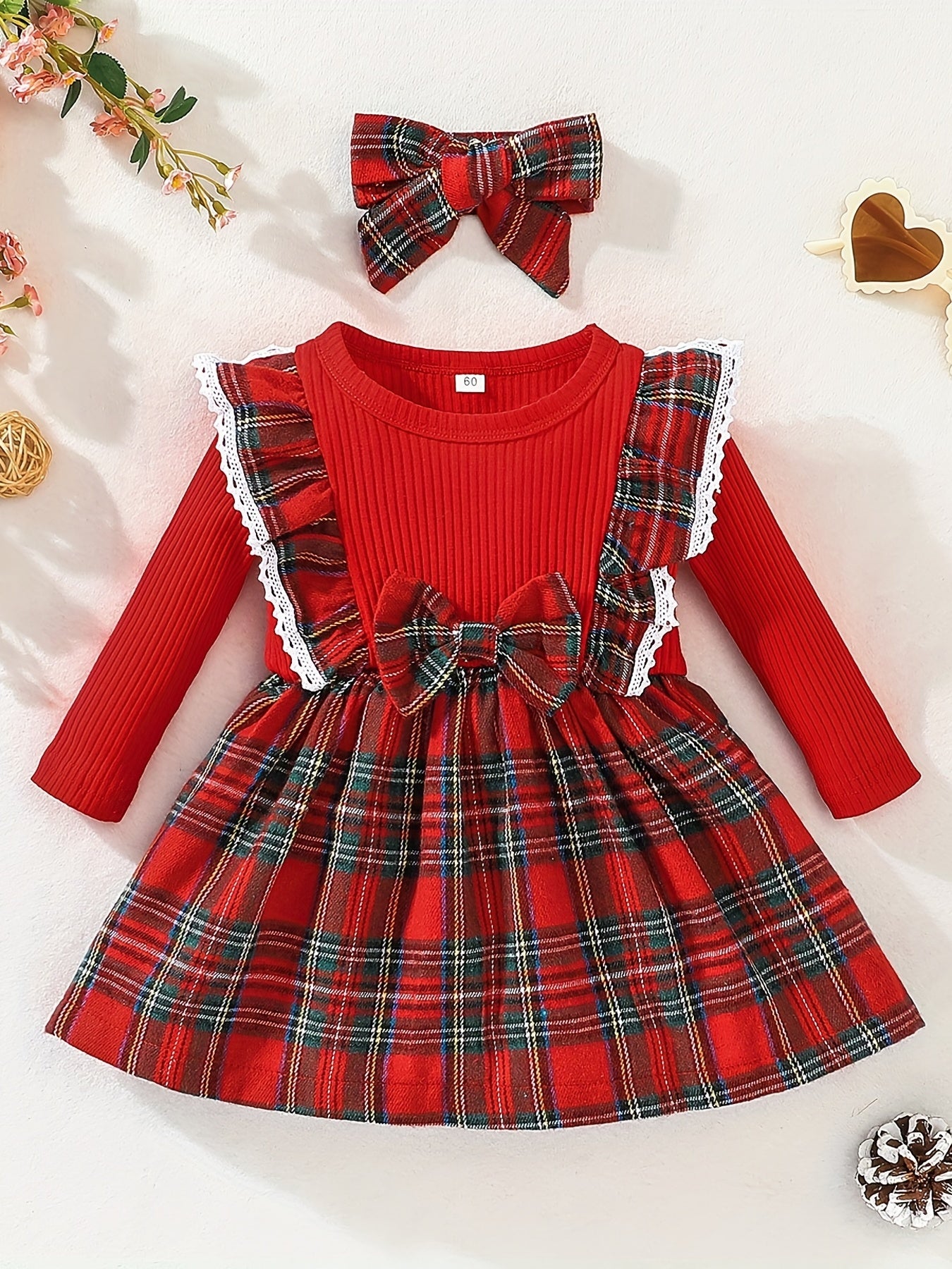 Baby Girl Ruffle Trim Plaid Dress Headband Set