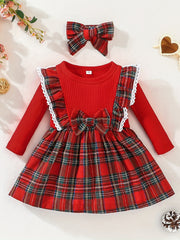 Baby Girl Ruffle Trim Plaid Dress Headband Set