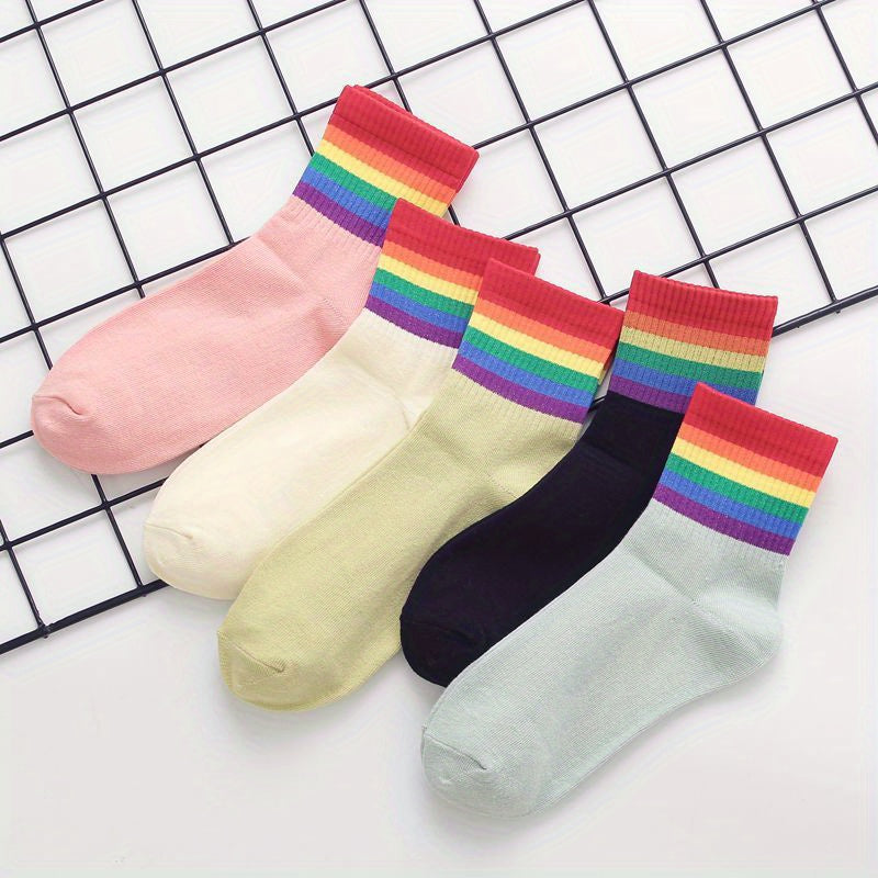 Rainbow Striped Ribbed Mid Tube Socks Pack