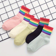 Rainbow Striped Ribbed Mid Tube Socks Pack